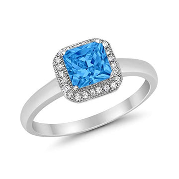 Halo Engagement Ring Princess Cut Simulated Blue Topaz CZ 925 Sterling Silver